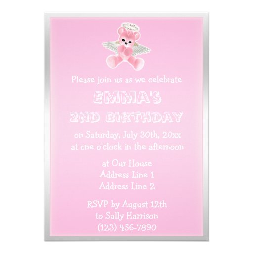 Girl's Pink Angel Teddy Bear 2nd Birthday Party Personalized Invites