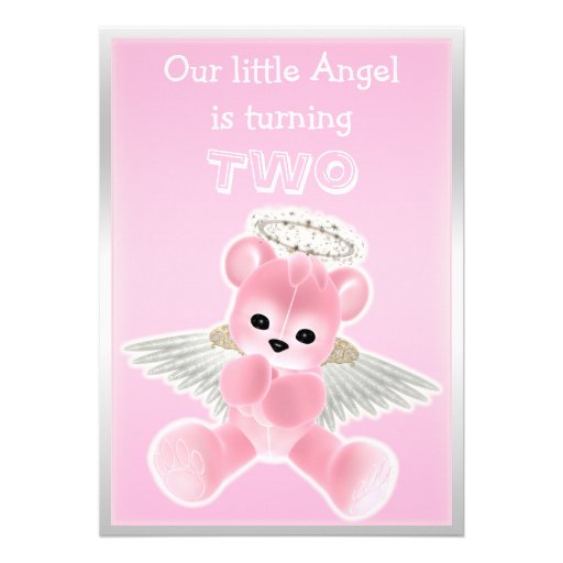 Girl's Pink Angel Teddy Bear 2nd Birthday Party Personalized Invites