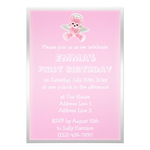 Girl's Pink Angel Teddy Bear First Birthday Party Invitations