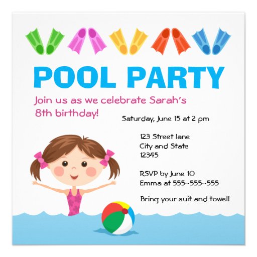 Girls pool party birthday invitation (front side)