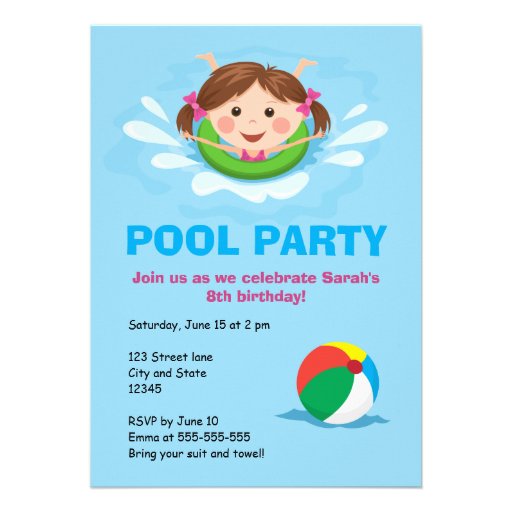 Girls pool party birthday invites - splashing girl