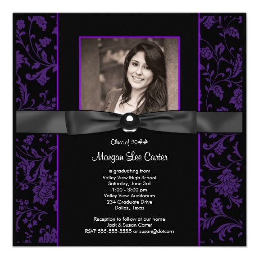 Girls Purple and Black Photo Graduation Announcements (front side)