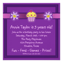 Girls Purple Cupcake Birthday Party Personalized Invitations