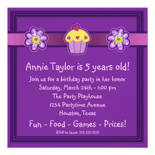 Girls Purple Cupcake Birthday Party Personalized Invitations