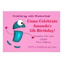Girls Robot Birthday Party Invitations Pink