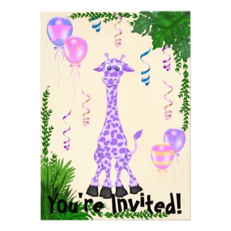 Girls Safari Purple Giraffe Birthday Invitation