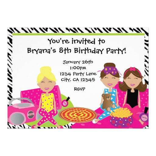 Girls Sleepover Slumber Party Zebra Invitation