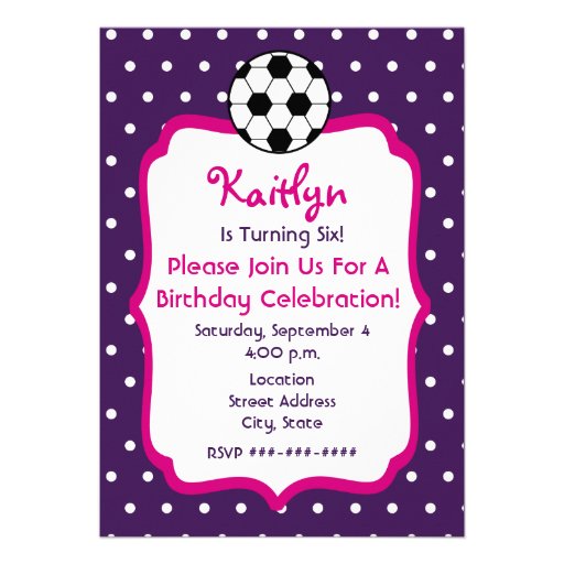 Girls Soccer Birthday Invite- Purple With Pink
