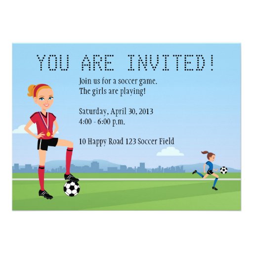 Girl's Soccer Game Invitation with Illustration