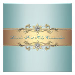 Girls Teal Blue First Communion Personalized Announcements