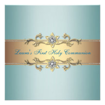Girls Teal Blue First Communion Personalized Announcements