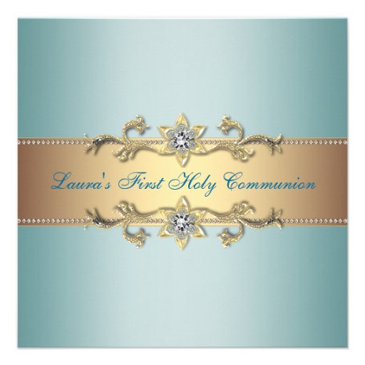 Girls Teal Blue First Communion Personalized Announcements