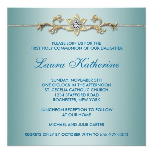 Girls Teal Blue First Communion Personalized Announcements