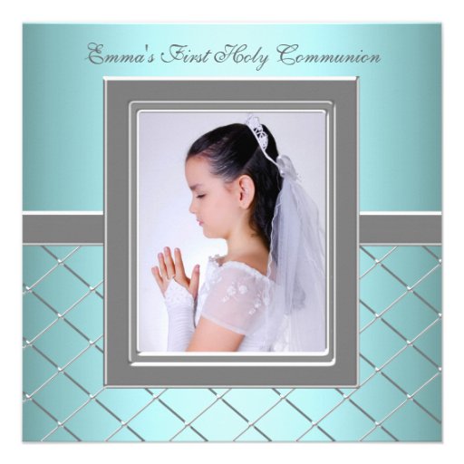 Girls Teal Blue Photo First Communion Custom Invitation