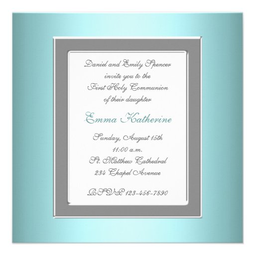 Girls Teal Blue Photo First Communion Custom Invitation