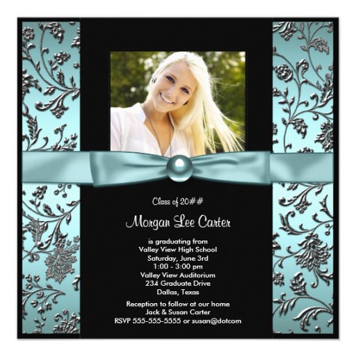 Girls Teal Blue Photo Graduation Custom Announcements (front side)