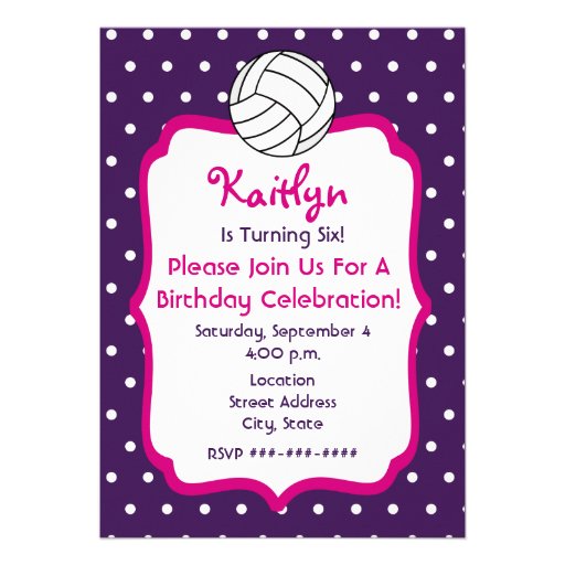 Girls Volleyball Birthday Invite- Purple With Pink