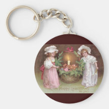 Girls with Basket of Christmas Cookies Vintage Key Chain