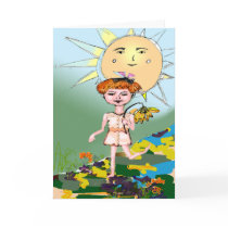 mothers day card, child, girl, sun, happy, innocent, sweet, red hair, ginette, customizable, art, mixed media, original art, Card with custom graphic design
