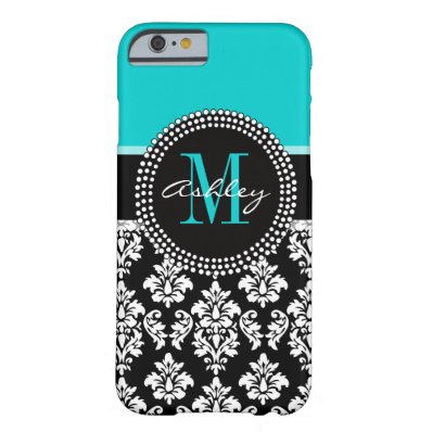 Girly Aqua Black Damask Your Monogram Name Barely There iPhone 6 Case