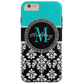 Girly Aqua Black Damask Your Monogram Name Tough iPhone 6 Plus Case