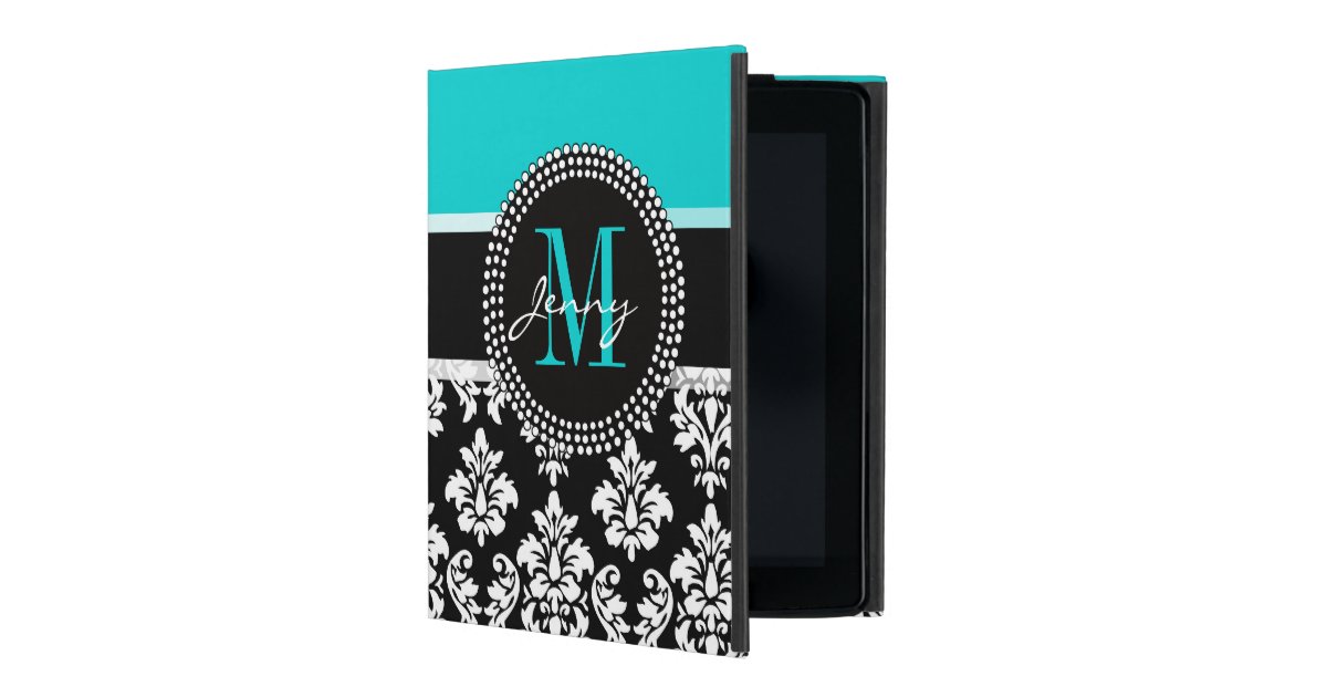 Girly Aqua Black Damask Your Monogram Name iPad Folio Case Zazzle