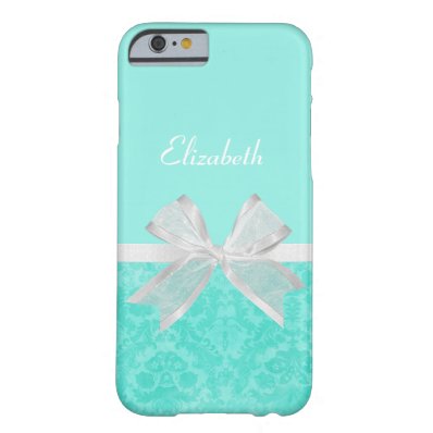 Girly Aqua Turquoise Damask White Ribbon With Name Barely There iPhone 6 Case