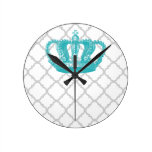 GIRLY AQUA VINTAGE CROWN GREY QUATREFOIL PATTERN ROUND CLOCK