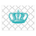 GIRLY AQUA VINTAGE CROWN GREY QUATREFOIL PATTERN POSTCARDS