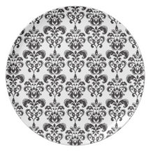 Girly Black and White Vintage Damask Pattern 2 Plates