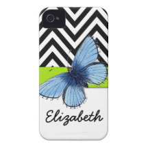 Girly, Black Chevron, Blue Butterfly, Your Name Case-Mate iPhone 4 Cases