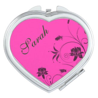 Girly Black Flowers on Bright Pink Monogram Mirror For Makeup
