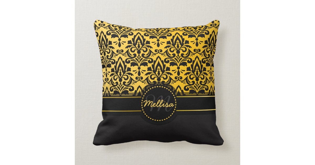 Girly Black Gold Damask Pattern Monogram Throw Pillow Zazzle
