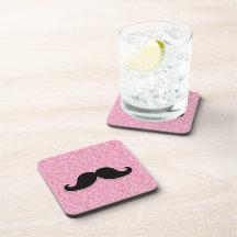 GIRLY BLACK MUSTACHE PINK GLITTER PRINTED COASTER