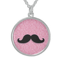 GIRLY BLACK MUSTACHE PINK GLITTER PRINTED STERLING SILVER NECKLACE