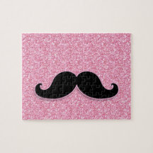 GIRLY BLACK MUSTACHE PINK GLITTER PRINTED JIGSAW PUZZLE