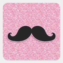 GIRLY BLACK MUSTACHE PINK GLITTER PRINTED SQUARE STICKER