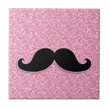 GIRLY BLACK MUSTACHE PINK GLITTER PRINTED CERAMIC TILES