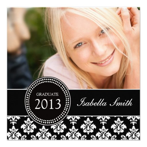 GIRLY BLACK WHITE DAMASK GRADUATE PARTY PERSONALIZED INVITES (front side)