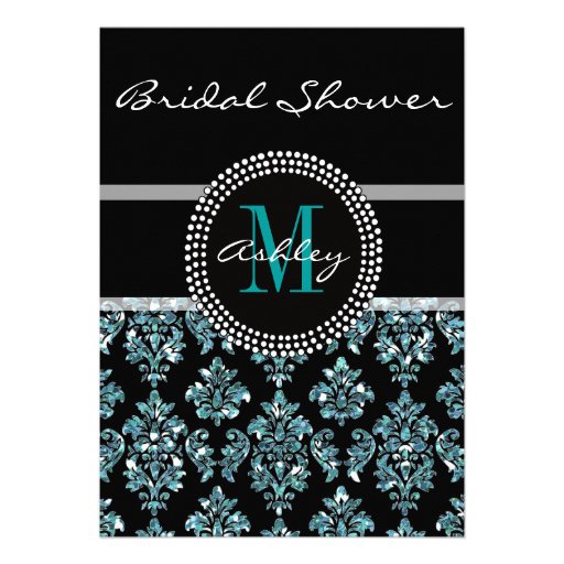 Girly Blue Glitter Black Damask Bridal Shower Invitation
