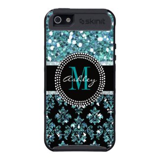 Girly Blue Glitter Black Damask Monogrammed iPhone 5 Covers