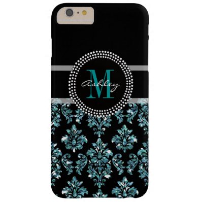 Girly Blue Glitter Black Damask Personalized Barely There iPhone 6 Plus Case