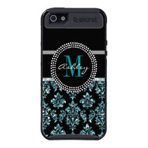 Girly Blue Glitter Black Damask Personalized Cases For iPhone 5