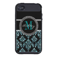 Girly Blue Glitter Black Damask Personalized iPhone 4/4S Case
