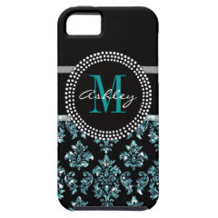 Girly Blue Glitter Black Damask Personalized iPhone 5 Case