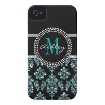 Girly Blue Glitter Black Damask Personalized iPhone 4 Cover