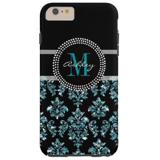 Girly Blue Glitter Black Damask Personalized Tough iPhone 6 Plus Case