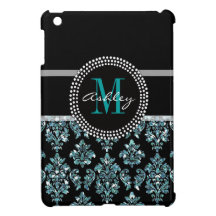 Girly Blue Glitter Black Damask Personalized Cover For The iPad Mini