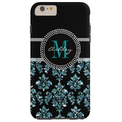 Girly Blue Glitter Black Damask Personalized Tough iPhone 6 Plus Case