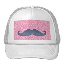 GIRLY BLUE MUSTACHE PINK GLITTER PHOTO TRUCKER HATS